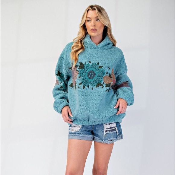 Easel printed flower floral fleece pullover Sherpa pullover pocketed hoodie - Picture 4 of 4